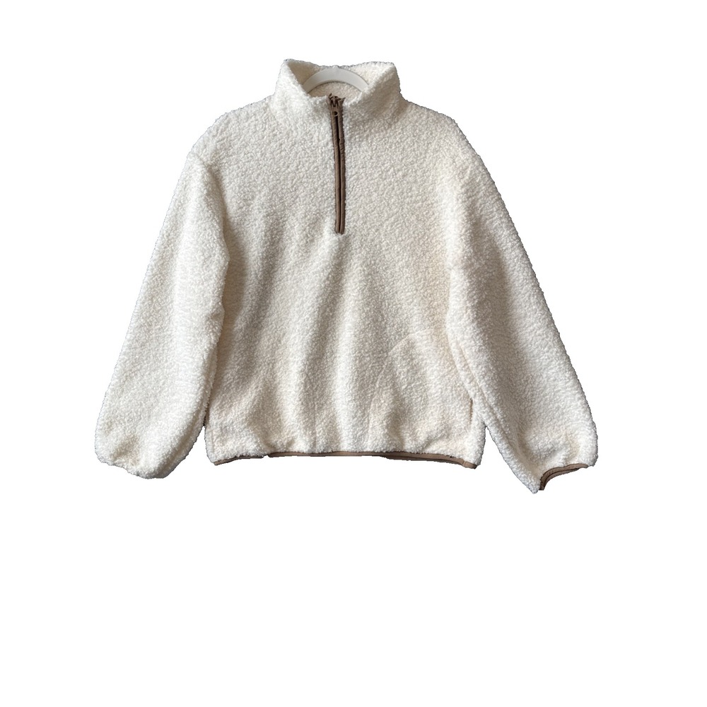 Teddy Plush Sherpa Fleece Quarter Zip Pullover Cream S Relaxed Cabincore Cozy
